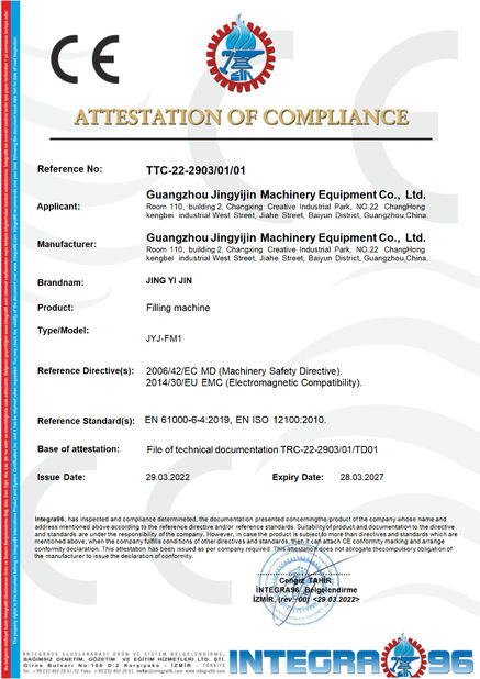 China Guangzhou Jingyijin Machinery Equipment Co., Ltd certificaciones