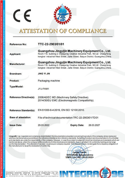 China Guangzhou Jingyijin Machinery Equipment Co., Ltd certificaciones
